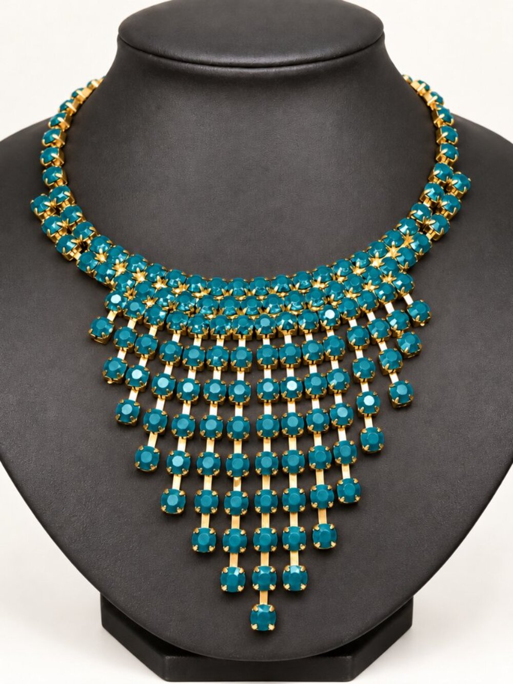 Vintage Blue Rhinestone Waterfall Bib Necklace | Gold Tone Statement Jewelry